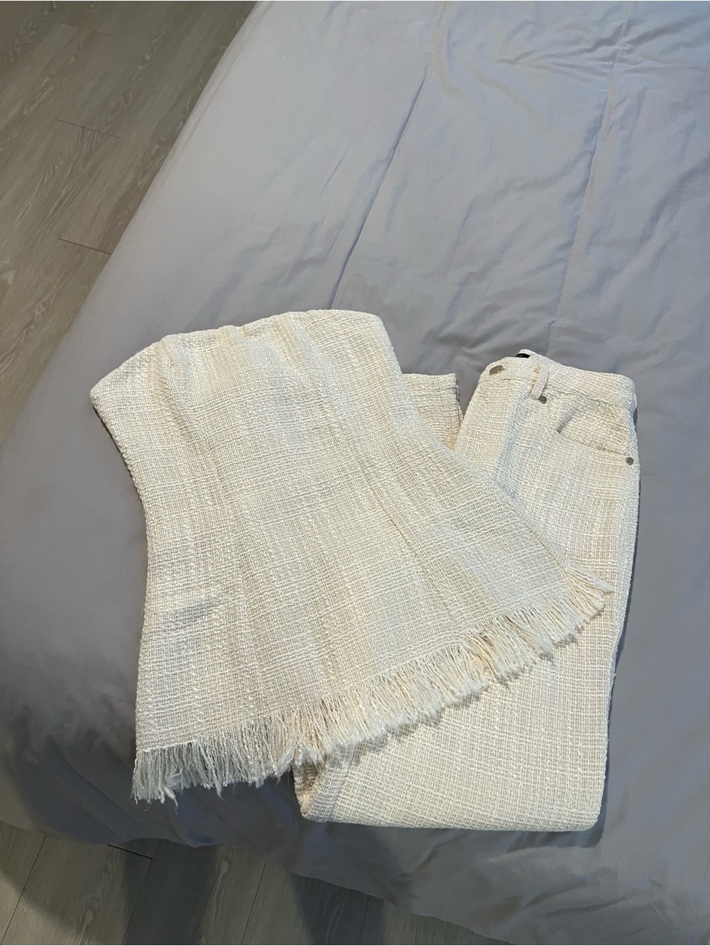 Textured Cream Straight-Leg Pants with Matching Strapless Top